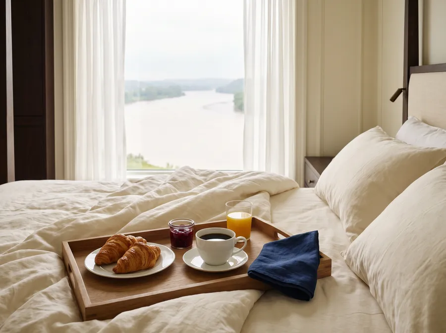 Scène générée : un plateau de déjeuner sur un lit crème, café, croissants, confiture et une serviette bleu marine devant une fenêtre sur le fleuve.
