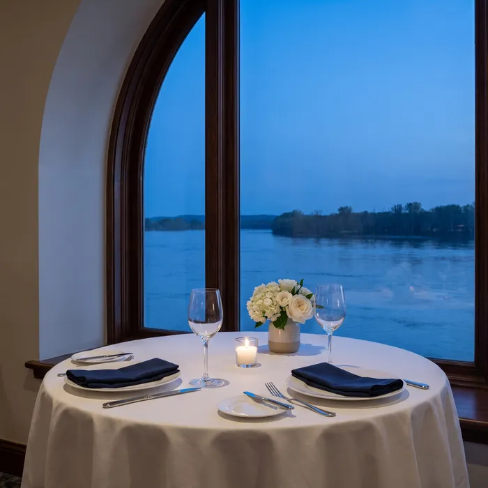 Scène générée : une table pour deux près d'une fenêtre au crépuscule, nappe blanche, serviettes bleu marine, une bougie et un fleuve bleu derrière.